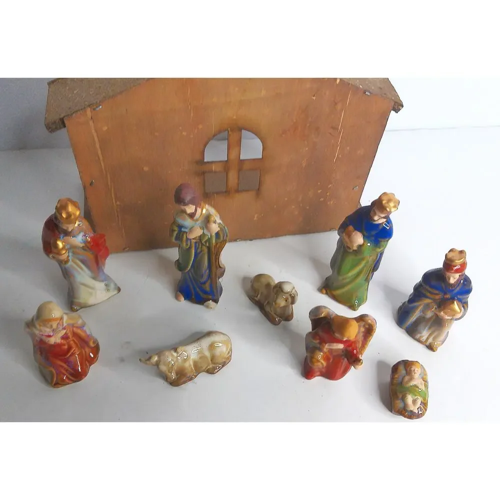 Vintage Nativity Scene Set 9pc Hand Painted Figures With Wood Manger